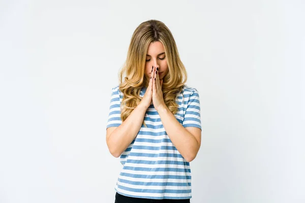 Young Caucasian Blonde Woman Praying Showing Devotion Religious Person Looking — Stock Photo, Image