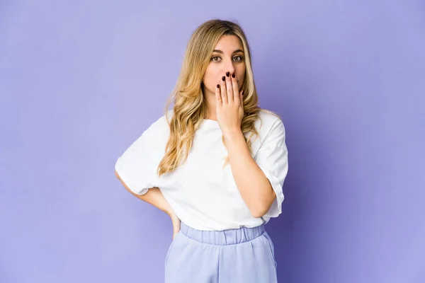 Young Caucasian Blonde Woman Shocked Covering Mouth Hands Anxious Discover — Stock Photo, Image