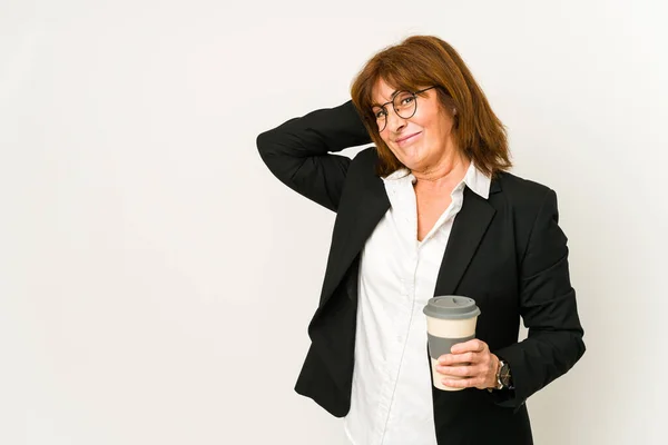 Middle Aged Business Woman Holding Takeaway Coffee Isolated Touching Back — ストック写真