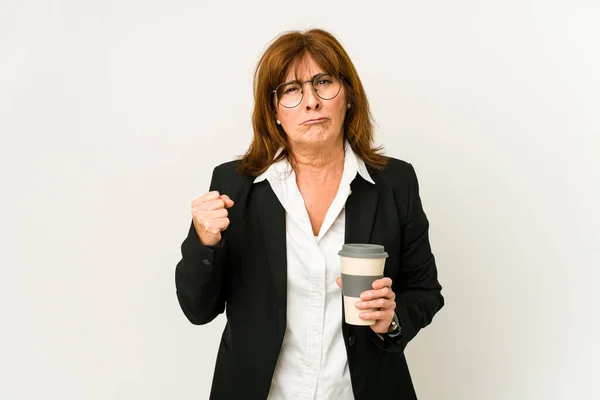 Middle Aged Business Woman Holding Takeaway Coffee Isolated Showing Fist — ストック写真