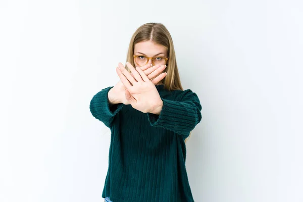 Junge Blonde Frau Isoliert Auf Weißem Hintergrund Und Macht Eine — Stockfoto