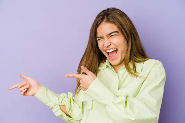 Young Skinny Caucasian Girl Teenager Purple Background Pointing Forefingers Copy — Stock Photo, Image