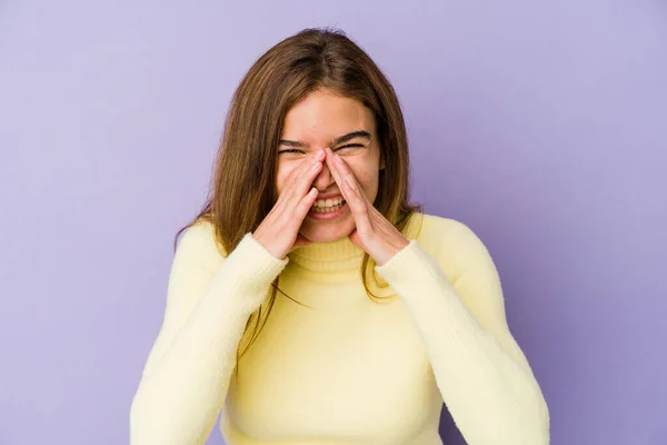 Young Skinny Caucasian Girl Teenager Purple Background Saying Gossip Pointing — Stock Photo, Image