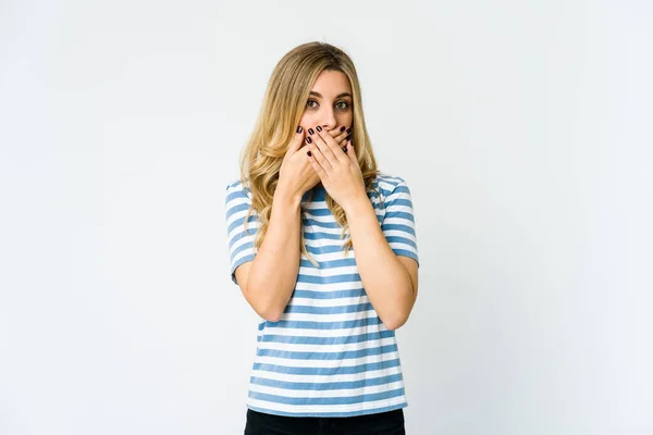 Young Caucasian Blonde Woman Covering Mouth Hands Looking Worried — Stock Photo, Image