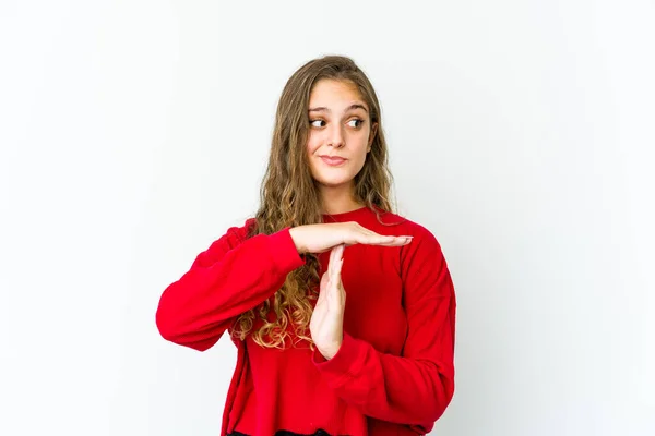 Jovem Mulher Caucasiana Mostrando Gesto Tempo Limite — Fotografia de Stock