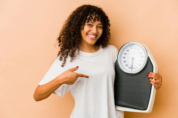 Young African American Afro Woman Holding Scale Person Pointing Hand — Stock Photo, Image