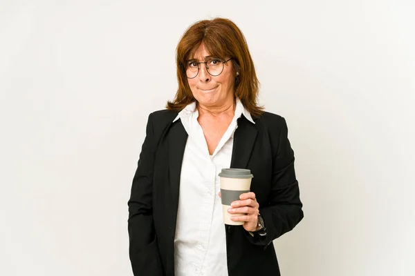 Middle Aged Business Woman Holding Takeaway Coffee Isolated Confused Feels — ストック写真