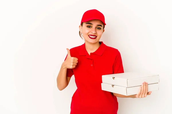 Joven Flaco Árabe Pizza Entrega Chica Sonriendo Levantando Pulgar Hacia —  Fotos de Stock