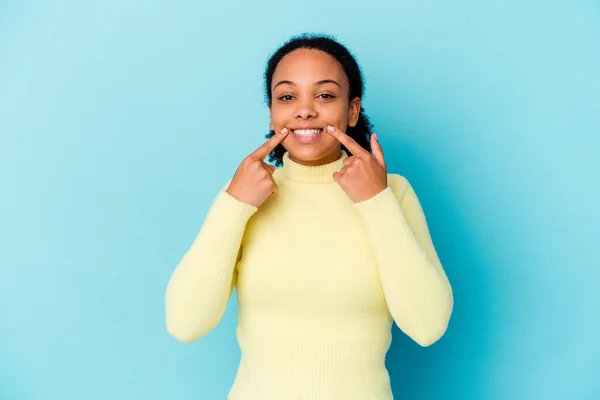 Young African American Mixed Race Woman Isolated Smiles Pointing Fingers — Stock Photo, Image