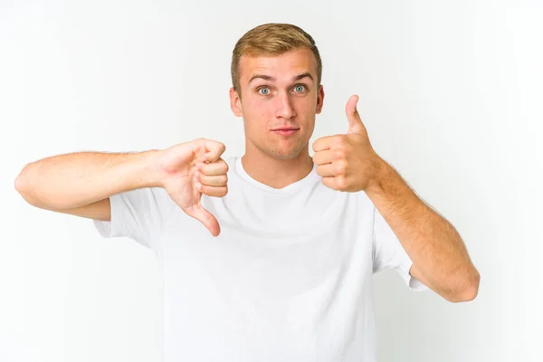 Young Caucasian Handsome Man Showing Thumbs Thumbs Difficult Choose Concept — Stock Photo, Image