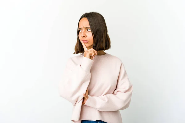 Young Mixed Race Woman Looking Sideways Doubtful Skeptical Expression — Stock Photo, Image