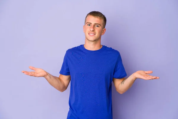 Young Caucasian Handsome Man Makes Scale Arms Feels Happy Confident — Stock Photo, Image