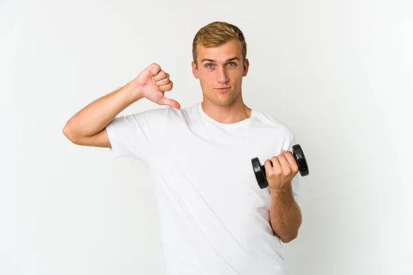 Jonge Blanke Man Met Een Gewicht Geïsoleerd Witte Achtergrond Staande — Stockfoto