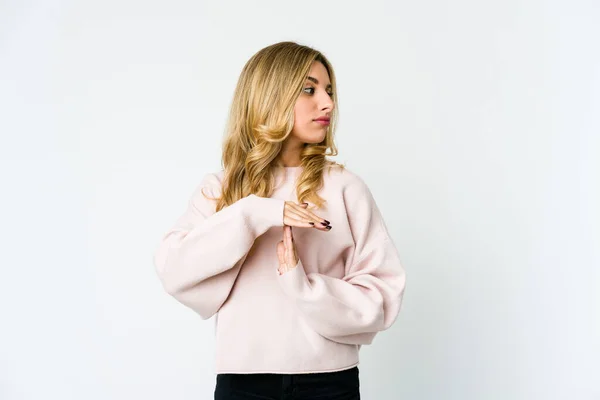 Young Caucasian Blonde Woman Showing Timeout Gesture — Stock Photo, Image