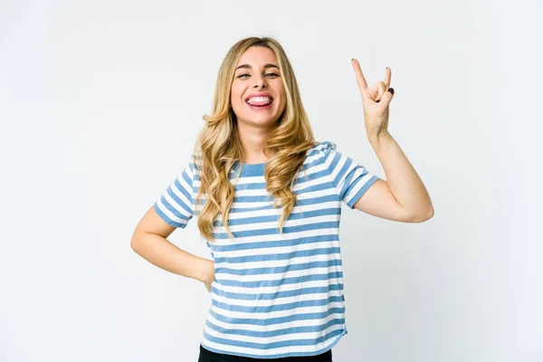 Young Caucasian Blonde Woman Showing Rock Gesture Fingers — Stock Photo, Image