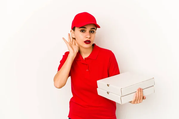 Joven Chica Árabe Flaco Pizza Entrega Relajado Pensando Algo Mirando —  Fotos de Stock