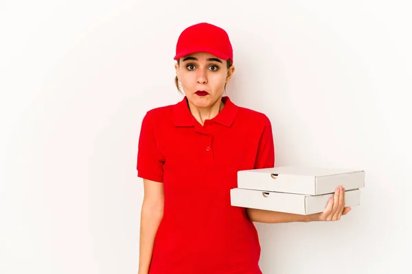 Jong Mager Arabisch Pizza Levering Meisje Met Vingers Lippen Het — Stockfoto