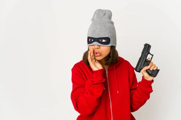 Young Robber Hispanic Woman Wearing Mask Saying Secret Hot Braking — Stock Photo, Image