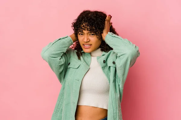 Young African American Afro Woman Isolated Covering Ears Hands Trying — Stock Photo, Image