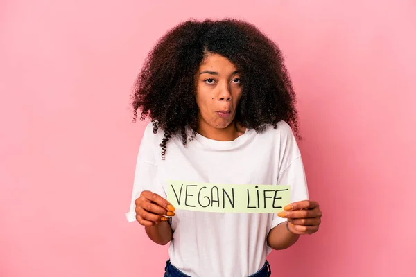 Jovem Afro Americana Encaracolado Mulher Segurando Uma Vida Vegan Placard — Fotografia de Stock