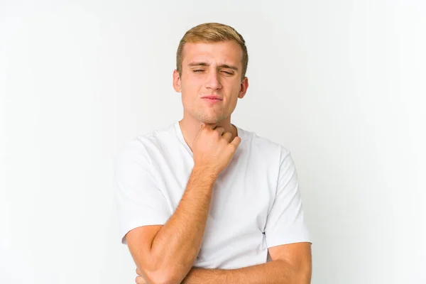 Young Caucasian Handsome Man Suffers Pain Throat Due Virus Infection — Stock Photo, Image