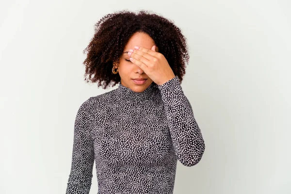 Ung Afrikansk Amerikansk Blandras Kvinna Isolerad Med Huvudvärk Vidrör Framsidan — Stockfoto