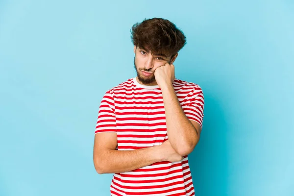 Young Arab Man Blue Background Who Feels Sad Pensive Looking — Stock Photo, Image
