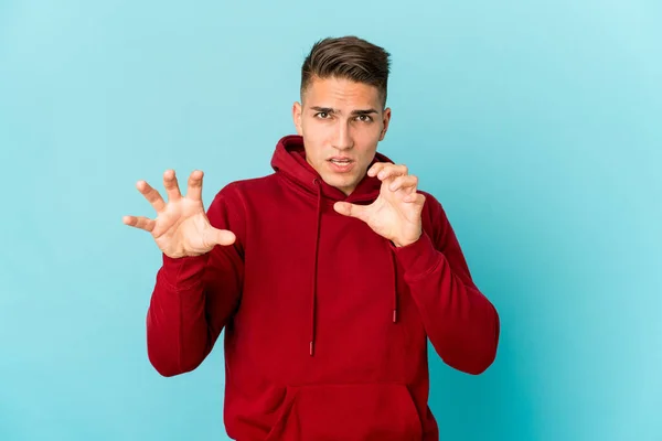 Jovem Caucasiano Bonito Homem Isolado Mostrando Garras Imitando Gato Gesto — Fotografia de Stock