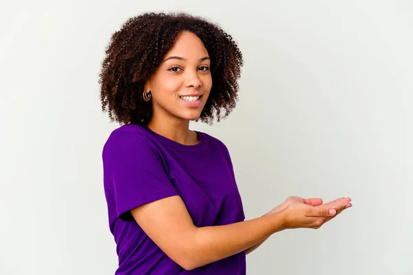 Young African American Mixed Race Woman Isolated Holding Copy Space — Stock Photo, Image