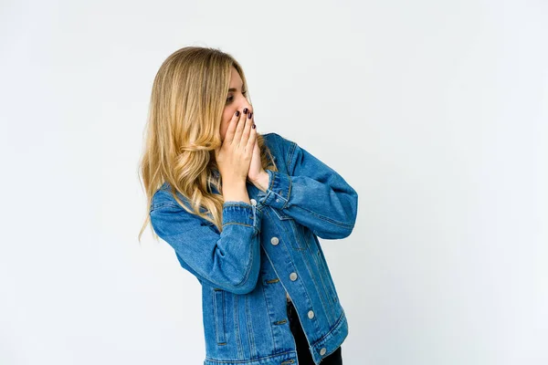 Young Caucasian Blonde Woman Laughing Something Covering Mouth Hands — Stock Photo, Image