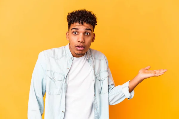 Young African American Curly Man Isolated Purple Showing Copy Space — Stock Photo, Image