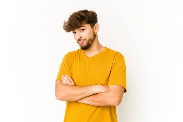 Young Arab Man White Background Unhappy Looking Camera Sarcastic Expression — Stock Photo, Image