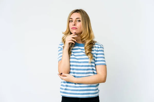 Young Caucasian Blonde Woman Thinking Looking Being Reflective Contemplating Having — Stock Photo, Image