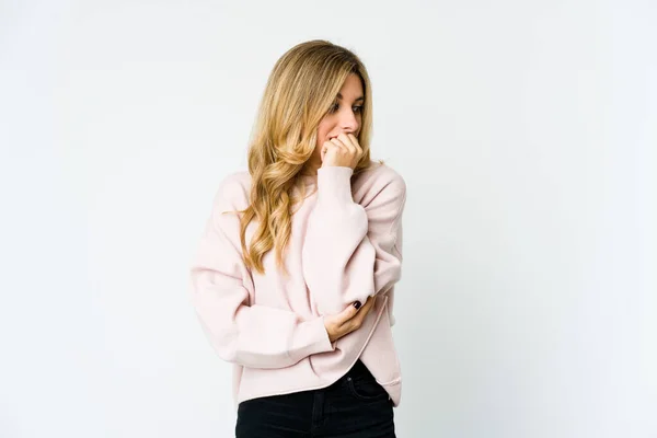 Young Caucasian Blonde Woman Biting Fingernails Nervous Very Anxious — Stock Photo, Image