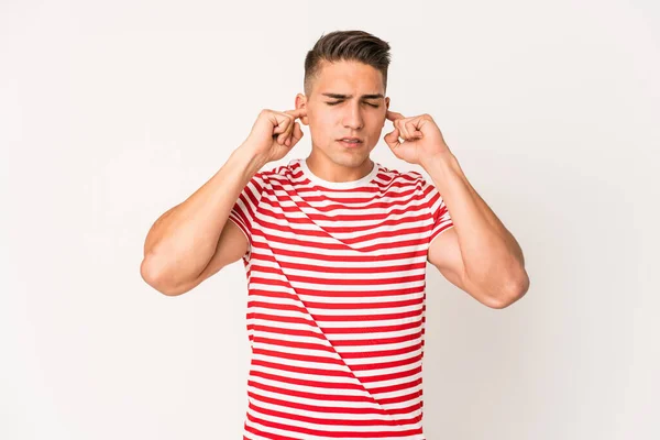 Young Caucasian Handsome Man Isolated Covering Ears Fingers Stressed Desperate — Stock Photo, Image