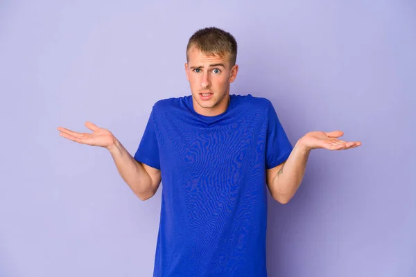 Young Caucasian Handsome Man Confused Doubtful Shrugging Shoulders Hold Copy — Stock Photo, Image