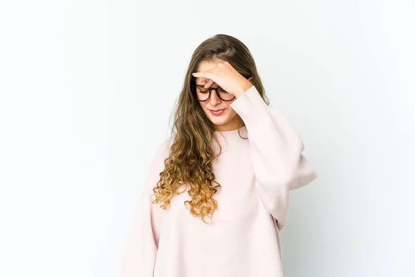 Junge Kaukasische Frau Mit Kopfschmerzen Die Das Gesicht Berührt — Stockfoto