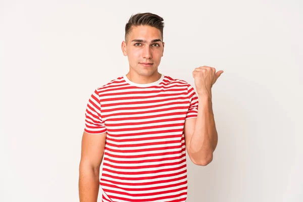 Young Caucasian Handsome Man Isolated Shocked Pointing Index Fingers Copy — Stock Photo, Image