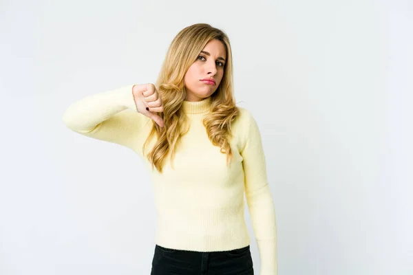 Young Caucasian Blonde Woman Showing Thumb Disappointment Concept — Stock Photo, Image