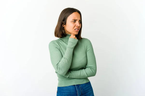 Young Mixed Race Woman Suffers Pain Throat Due Virus Infection — Stock Photo, Image
