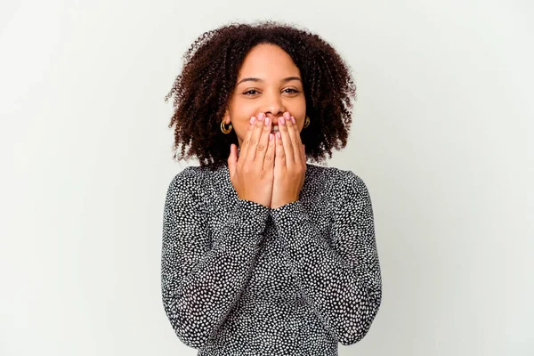 Junge Afrikanisch Amerikanische Mischlingshündin Isoliert Über Etwas Lachen Mund Mit — Stockfoto