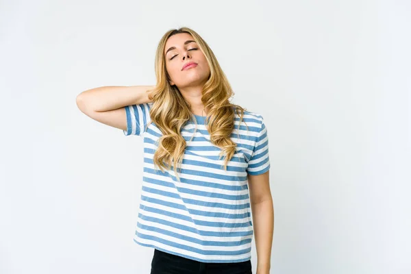 Young Caucasian Blonde Woman Having Neck Pain Due Stress Massaging — Stock Photo, Image