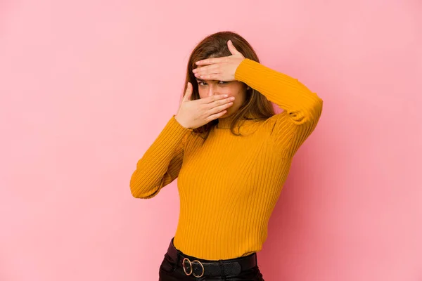 Young Skinny Caucasian Teenager Girl Blink Camera Fingers Embarrassed Covering — Stock Photo, Image