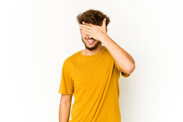 Young Arab Man White Background Covers Eyes Hands Smiles Broadly — Stock Photo, Image