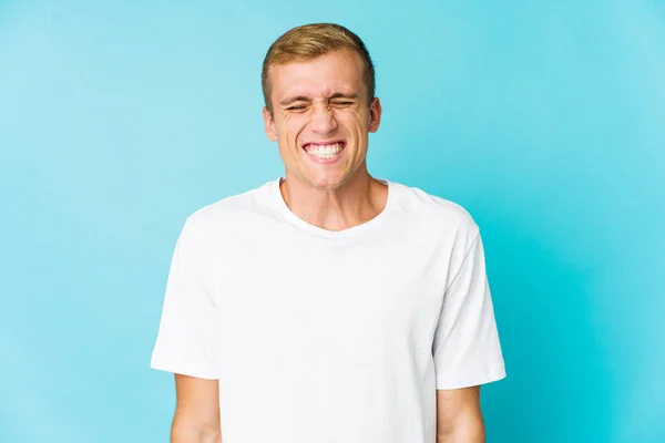 Young Caucasian Handsome Man Laughs Closes Eyes Feels Relaxed Happy — Stock Photo, Image
