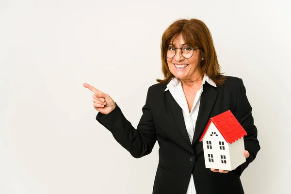 Middle Aged Real Estate Agent Holding House Model Isolated Smiling — Stock Photo, Image