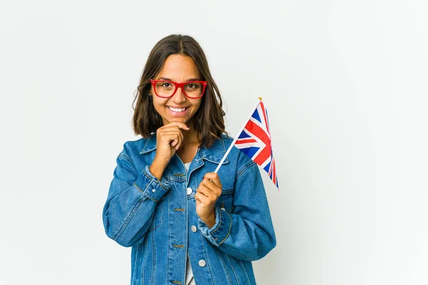 Young Latin Woman Holding English Flag Isolated White Background Smiling — Stock Photo, Image
