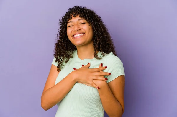 Young African American Afro Woman Isolated Laughing Keeping Hands Heart — Stock Photo, Image