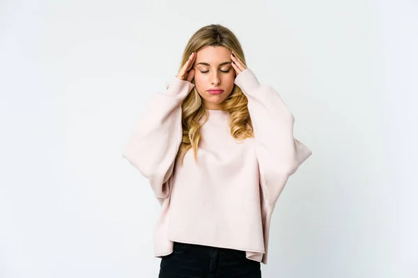 Young Caucasian Blonde Woman Touching Temples Having Headache — Stock Photo, Image