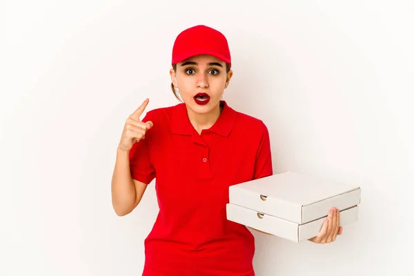 Young Skinny Arab Pizza Delivery Girl Excited Keeping Gesture Eye — Stock Photo, Image